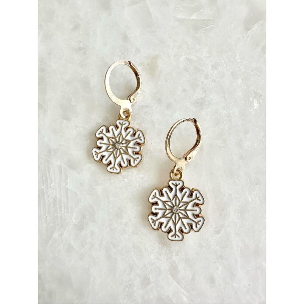 Gold Snowflake Drop Earrings with White Enamel